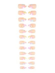 24 uñas postizas con diseño de flores en colores almendrados, juego de uñas de imitación con herramientas de arte de uñas para mujeres, manicura de salón y bricolaje - Multicolor - Ver 3