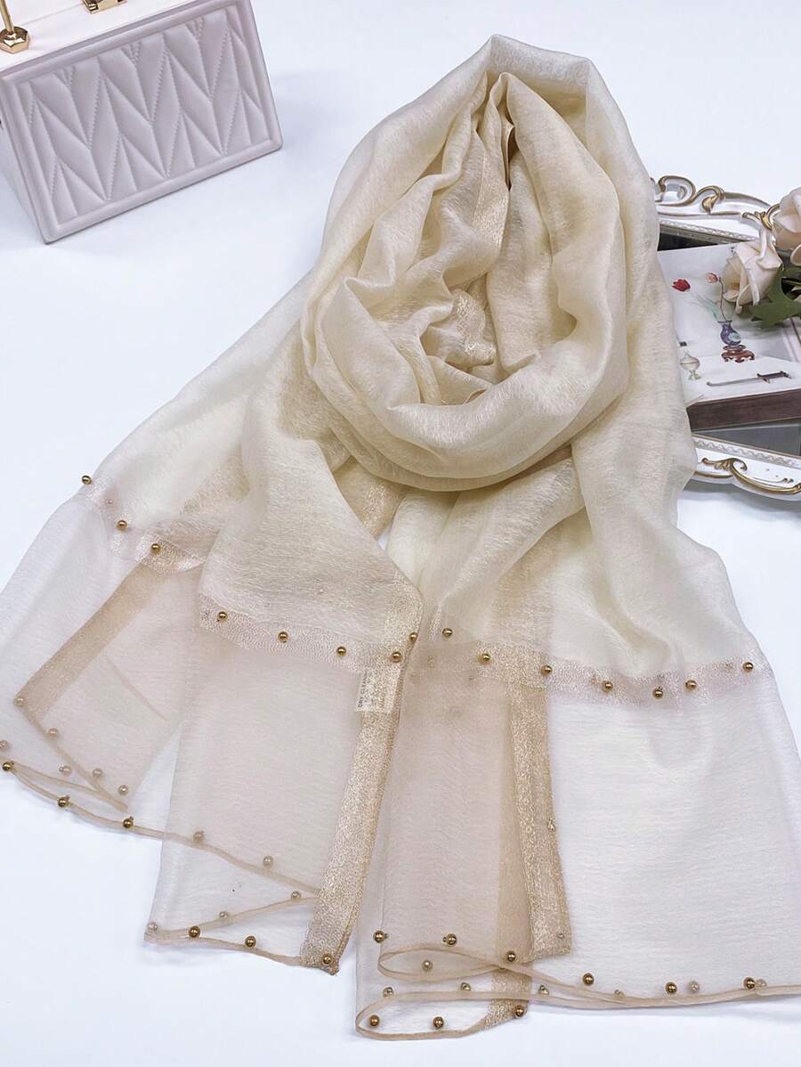 One Piece Of Ladies Solid Color Beaded Knitted & Silk Blend Shawl, Elegant And Charming Style Scarf, Double Rows Beads Scarf, Perfect For Traveling And Sun Protection In Summer, Keeping Warm In Autumn And Winter, And As Decoration Long Scarf. - Beige - View 1