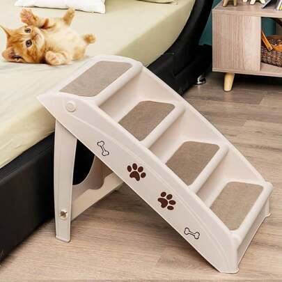 Scale per Cani con 4 Gradini, Scale per Animali Portatili in Plastica, Scale Pieghevoli per Animali Domestici, Ingresso per Baule, Letto, Divano e Auto, con Superficie Antiscivolo, Reggono Fino a 60 kg (Beige)