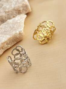 1pc Women Stainless Steel Geometric Circle Cutout Ring, Fashionable And Personalized Gold-Tone Party Jewelry With Adjustable Size, Suitable For Women, Mother Day, Teacher Day, Party, Date And Valentine Day Gift
