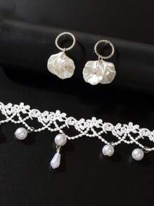 3pcs New Arrival White Lace Hollow Flower Choker Necklace Stud Earrings Wedding Engagement Party Bridal Jewelry Set