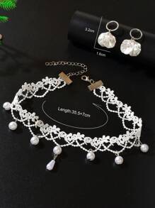 3pcs New Arrival White Lace Hollow Flower Choker Necklace Stud Earrings Wedding Engagement Party Bridal Jewelry Set