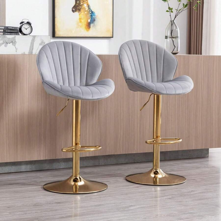 WAHSON OFFICE CHAIRS 2PCS Wahson Adjustable Velvet Bar Stool High Bar Chair Counter Stools With Gold Leg, Padded Gold Stool For Bar/Kitchen - Grey - View 1