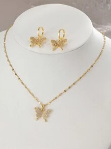 1pc Crystal Butterfly Stainless Steel Women Necklace & 1pair Crystal Butterfly Women Earrings