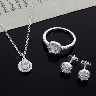 Silver Plating Cute Solid Christmas Gift Noble Fashion Elegant Women Shiny Crystal Cz Necklace Earring Ring Jewelry Set