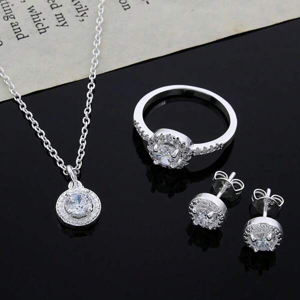 Conjunto de Joias de Prata 925 Presente Natalino Fofo, Nobre, Fashion, Elegante, para Mulheres, com Cristal Brilhante CZ - Colar, Brincos e Anel