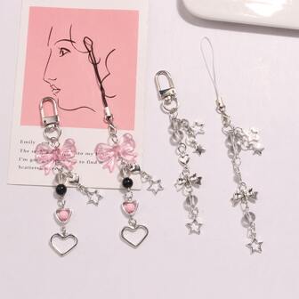 Fashionable Y2K Style Heart & Pink Bead Bow Tie Decorated Rope Door Clasp Cell Phone Strap Keyring Pendant, Black Beaded Keychain With Hollow Star Keyring, Decorative Cell Phone & Key Holder