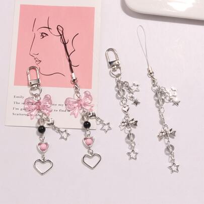 Fashionable Y2K Style Heart & Pink Bead Bow Tie Decorated Rope Door Clasp Cell Phone Strap Keyring Pendant, Black Beaded Keychain With Hollow Star Keyring, Decorative Cell Phone & Key Holder
