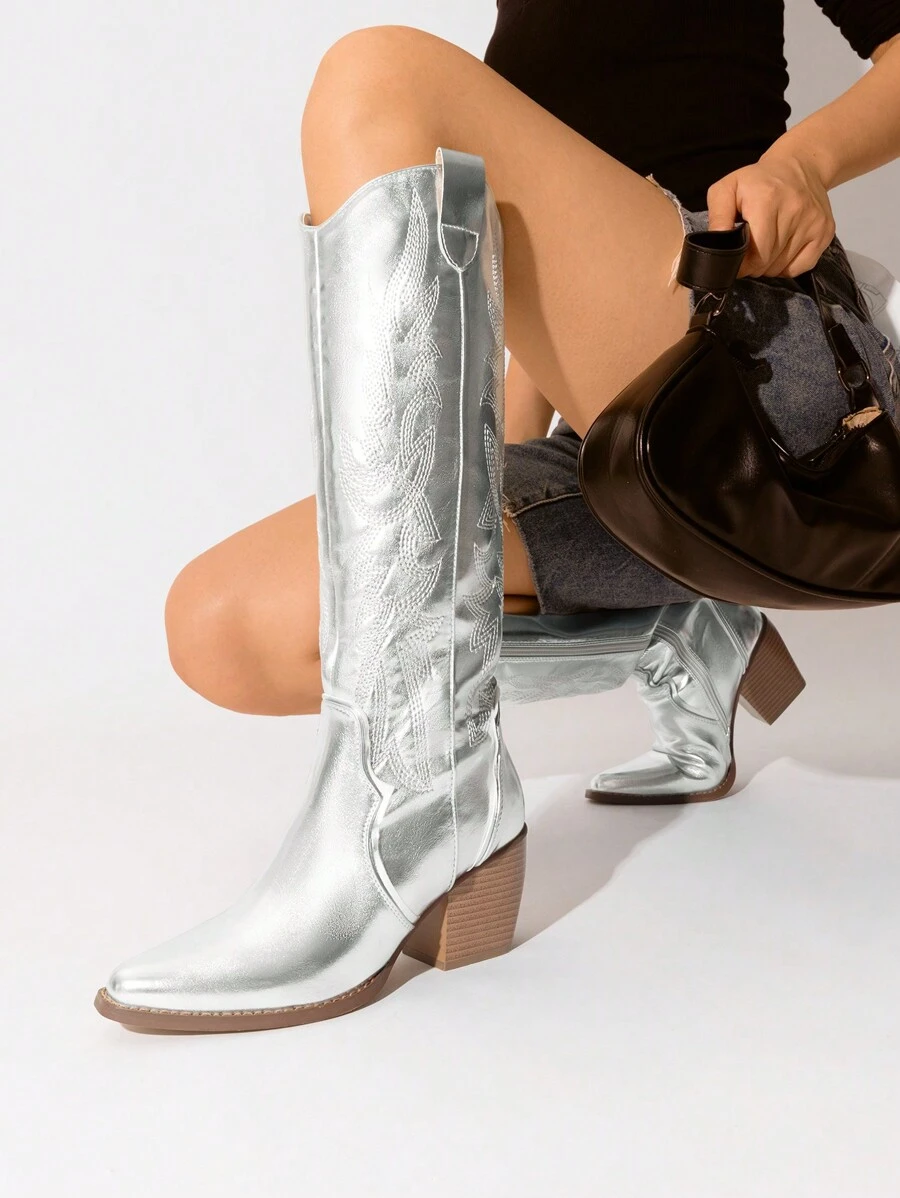 Knee High Boots Women, Pull On Zipper Chunky Heel Pointed Toe Embroidered Western Cowgirl Cowboy Boots Christmas Fall - 銀色 - 查看 1