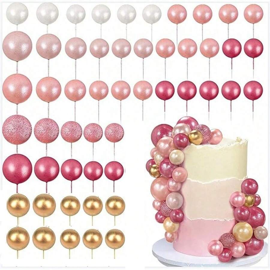 50pcs White, Pink And Gold Cake Decorating Balls, Including Gold