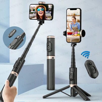 AXNEN Selfie Stick Tripod, Extendable 3 In 1 Aluminum Selfie Stick With Wireless Remote And Tripod Stand, Monopod Compact Design, Compatible With Iphone 13/12/11 Pro/XS Max/XS/XR/X, And Android Smartphone For Summer Vacation, Travel, Outdoor Activities, Live Streaming