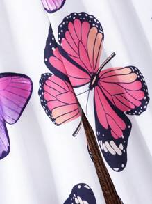 少女夏季蝴蝶印花蝙蝠袖上衣+寬腿褲休閒套裝 - 白色 - 查看 7