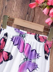 少女夏季蝴蝶印花蝙蝠袖上衣+寬腿褲休閒套裝 - 白色 - 查看 6