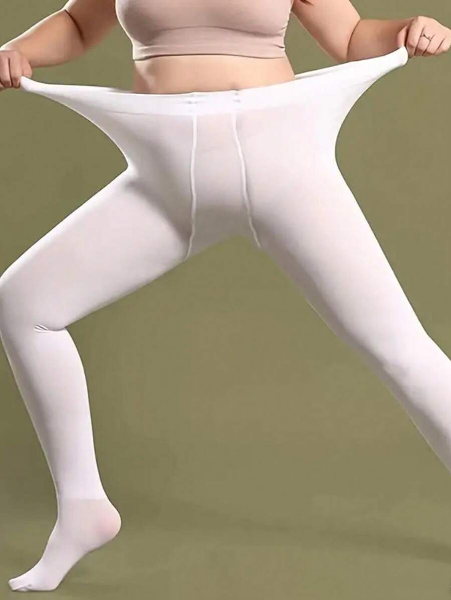 女士加大码简约纯白色连裤袜，舒适 - 白色 - 查看 1