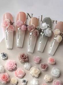 50pcs Mixed Size Retro Rose Resin Carved Camellia Flower Nail Art Decorations, Including Roses, For Nail Accessories (Nails NOT Included) DIY Nail Charms Nail Gems Nail Supplies