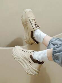 New Spring Collection Korean Comfortable Stylish Chunky Sneakers For Women, Casual & Elegant Low-Top Sneakers - Khaki - View 8