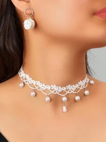 3pcs New Arrival White Lace Hollow Flower Choker Necklace Stud Earrings Wedding Engagement Party Bridal Jewelry Set