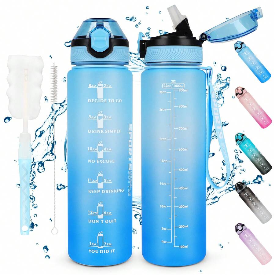 AOHAN 1 Bình nước thể thao 1L kèm ống hút, nắp khóa an toàn với máy rửa chén, chống rò rỉ, bình nước tạo động lực có vạch chia thời gian, bình đựng nước