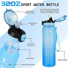 AOHAN 1 Bình nước thể thao 1L kèm ống hút, nắp khóa an toàn với máy rửa chén, chống rò rỉ, bình nước tạo động lực có vạch chia thời gian, bình đựng nước - gradient màu xanh nhạt màu xanh đậm - Xem 3