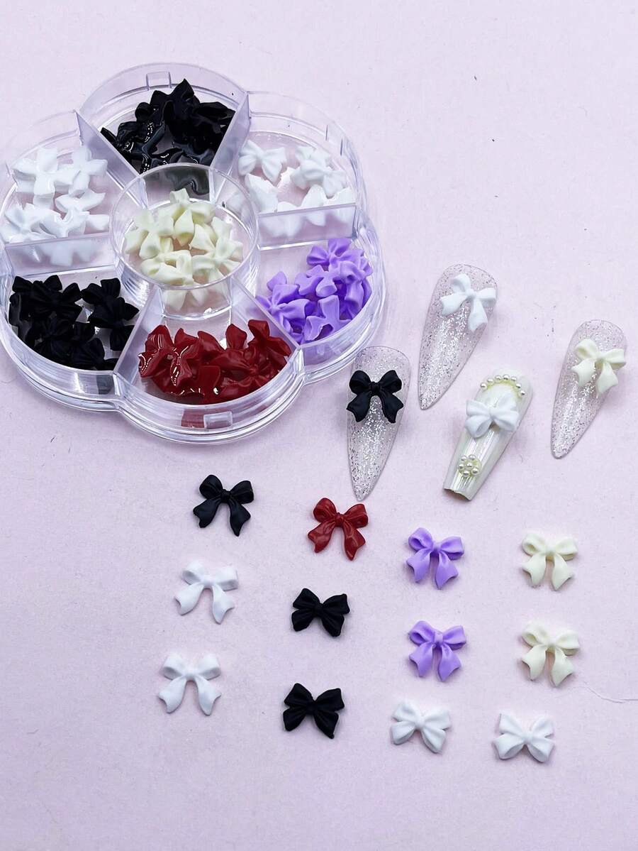 70入組混合式3D卡通蝴蝶結指甲藝術裝飾配搭黑白色絲帶,法式蝴蝶結指甲飾品,鑲有鑽石 DIY指甲魅力飾品,美甲工具 - 彩色 - 查看 1