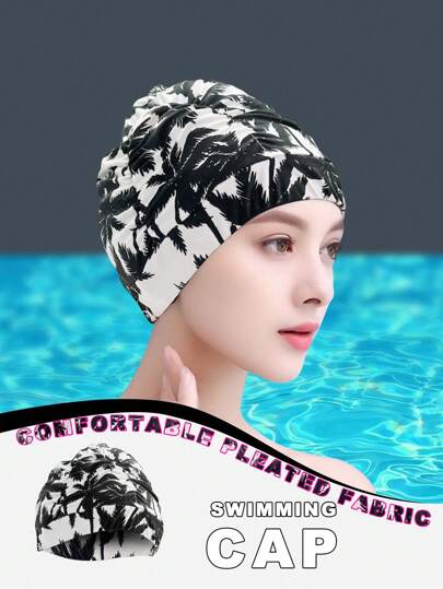 Black And White Palm Tree Printed Pleated Swim Cap, High Elasticity Non-Slip Swimming Hat For Water Sports, Beach Accessories, Suitable For Long Hair And Large Head Circumference, Beach Essentials, Pool Float