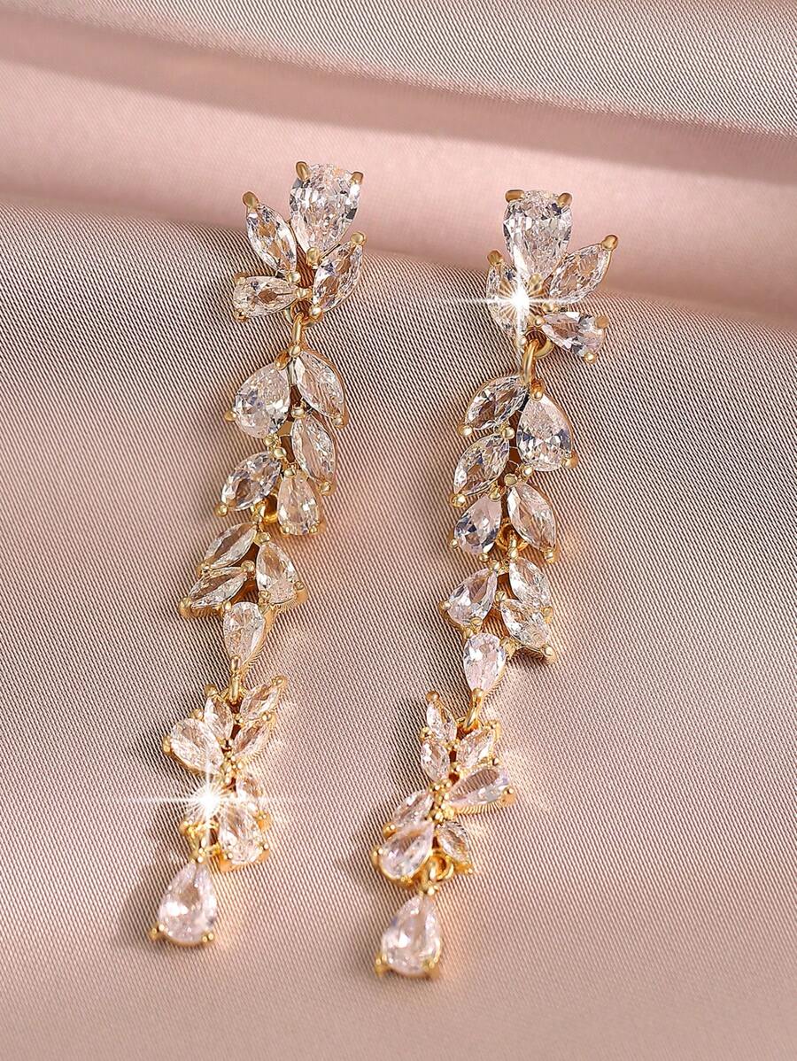 1 对优雅水滴形 CZ 女士长款婚礼耳环，带 AAA 方晶锆石吊坠耳环首饰 - 金色 - 查看 1