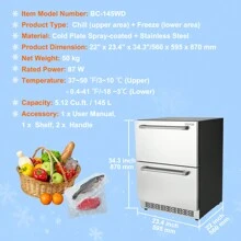 24 Inch Undercounter Refrigerator, 2 Drawer Refrigerator With Different Temperature, 4.87 Cu.Ft. Capacity, Waterproof Indoor And Outdoor Under Counter Freezer Fridge For Home And Commercial Use - Silver - View 7