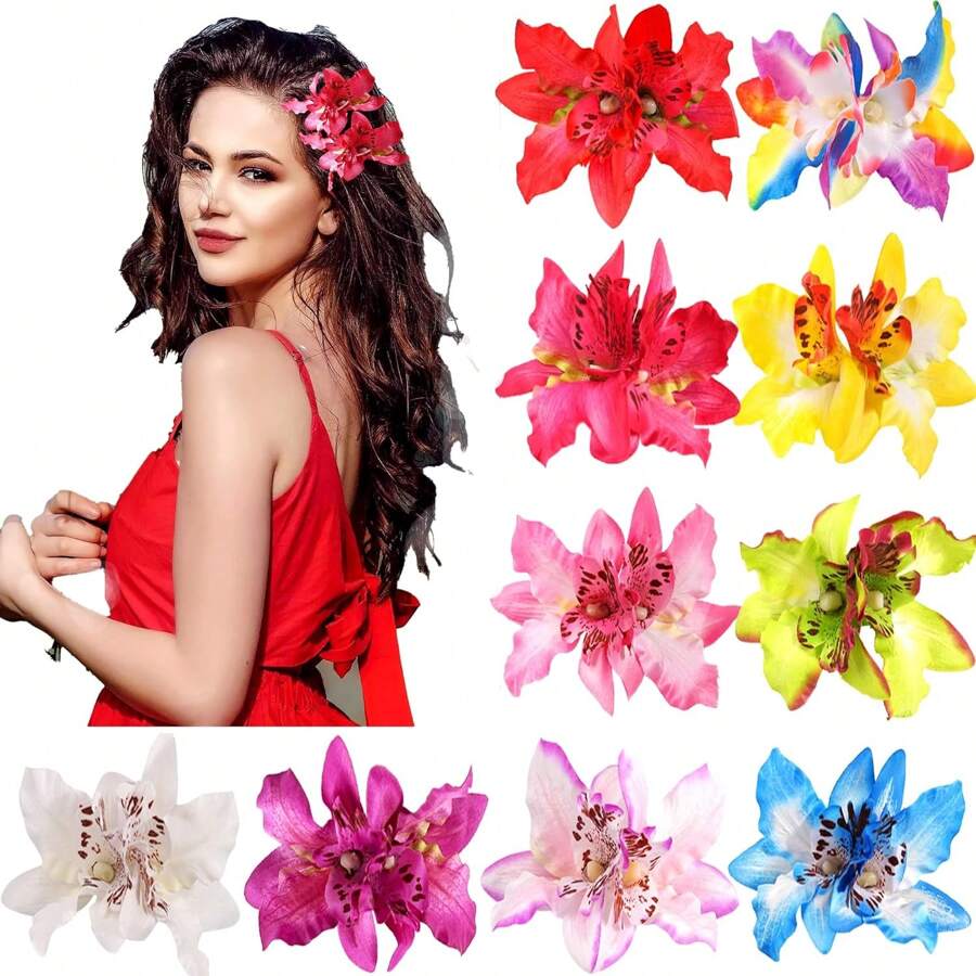 10 buc agrafe de păr cu flori pentru femei, agrafe de păr cu flori de șifon, agrafe de păr cu fluture și orhidee, agrafe de aligator pentru accesorii de nuntă pentru mireasă, petrecere pe plajă, decor de evenimente de nuntă (flori duble), agrafe cu gheare, agrafe de păr, articole școlare