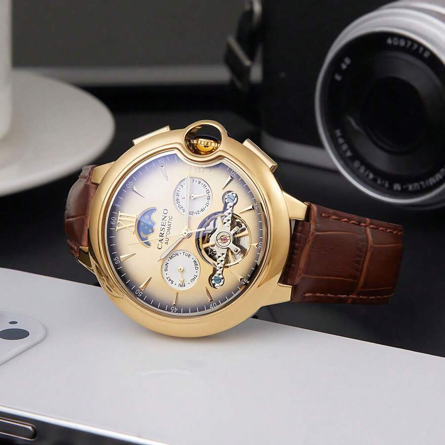 CASENO Đồng hồ cơ tự động CARSENO 831 Star Phase Tam giác Stud Tourbillon - Vàng - Xem 1