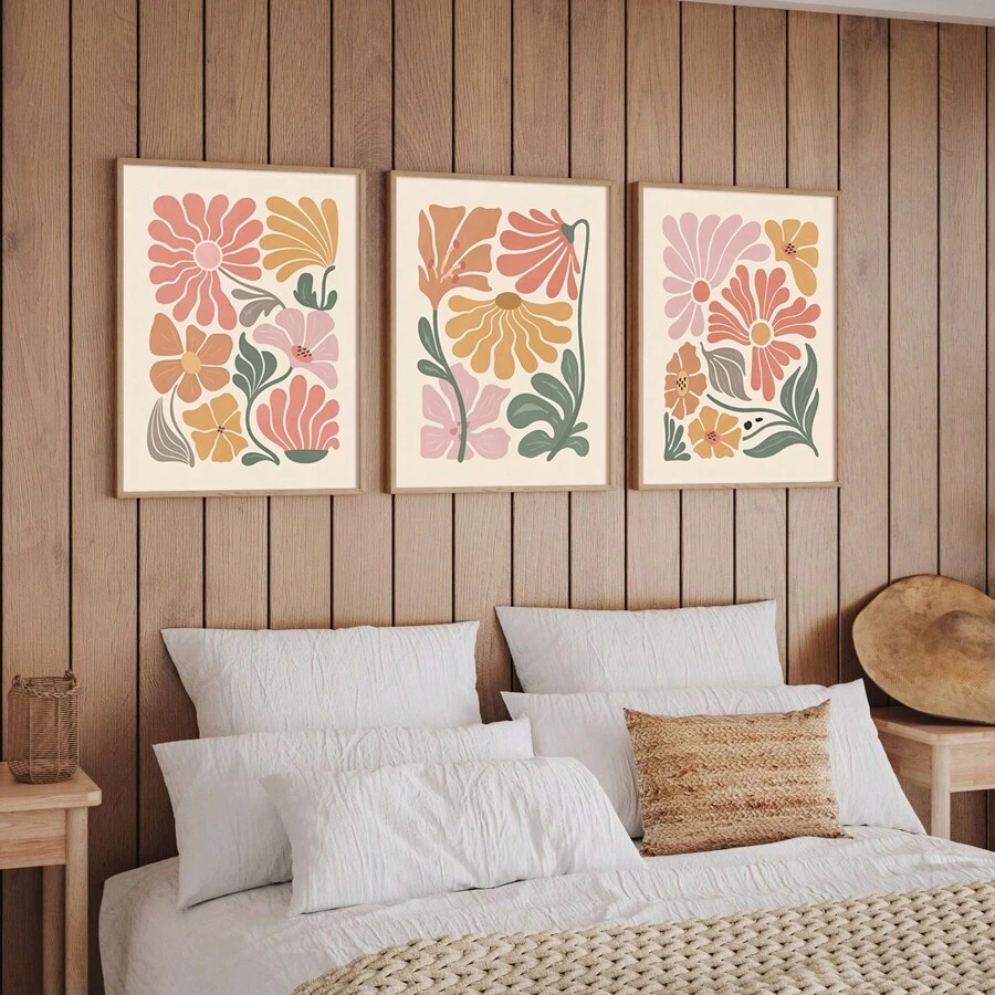 Set Of 3 Bohemian Abstract Floral Wall Art Canvas Prints, Terracotta Block Print, Floral Wall Art, Vintage Art Prints, Flower Market Poster, Modern Art, Ideal Gift For Bedroom Living Room Hallway, Room Decor, Wall Decor, Home Decor, Summer Decor, Unframed