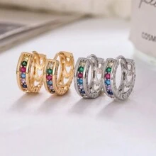2 chiếc khuyên tai hợp kim Unisex, trang sức thời trang mùa hè, khuyên tai dạng vòng và khuyên tai lủng lẳng đính đá Cubic Zirconia đầy màu sắc, khuyên tai hình tròn, tông màu vàng và bạc, thích hợp để đeo hàng ngày, quà tặng cho giáo viên, bạn bè, bạn cùng lớp và các cặp đôi - bông tai hình tròn - Xem 4