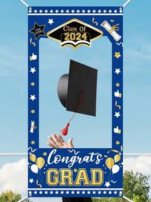 1pc 120*60cm 2024 Graduation Backdrop Blue Gold Style Large Graduation Party Background Decor, 2024 Congrats Grad Banner Prom Party Cake Table Decoration Photo Booth Props - Blue Gold - View 2