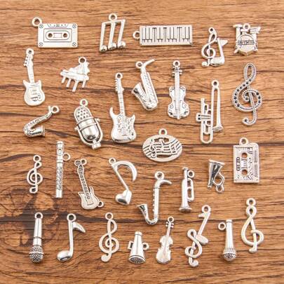 Random 20PCS Alloy Music Note, Saxophone, Guitar, Piano, Microphone Charm Jewelry Making DIY Handmade Musical Equipment Element Pendants