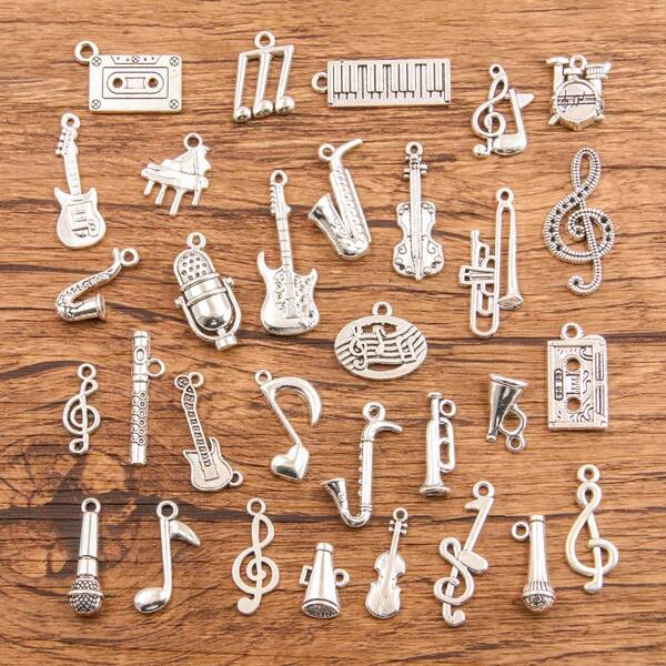 20 peças aleatórias de pingentes de elemento de equipamento musical para confecção de joias, em liga de nota musical, saxofone, guitarra, piano e microfone, para fazer a mão.