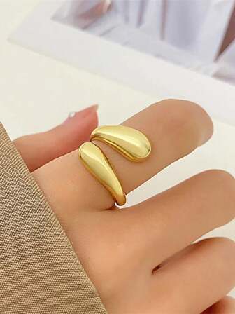 1個精緻的幾何誇張歐美風格金屬開口戒指，簡單的水滴形狀，適合女性，日常佩戴戒指禮物