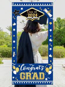 1pc 120*60cm 2024 Graduation Backdrop Blue Gold Style Large Graduation Party Background Decor, 2024 Congrats Grad Banner Prom Party Cake Table Decoration Photo Booth Props - Blue Gold - View 3