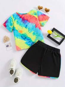 Conjunto de camiseta de manga corta con estampado de corazón y shorts para niñas jóvenes, adecuado para edades de 3 a 7 años