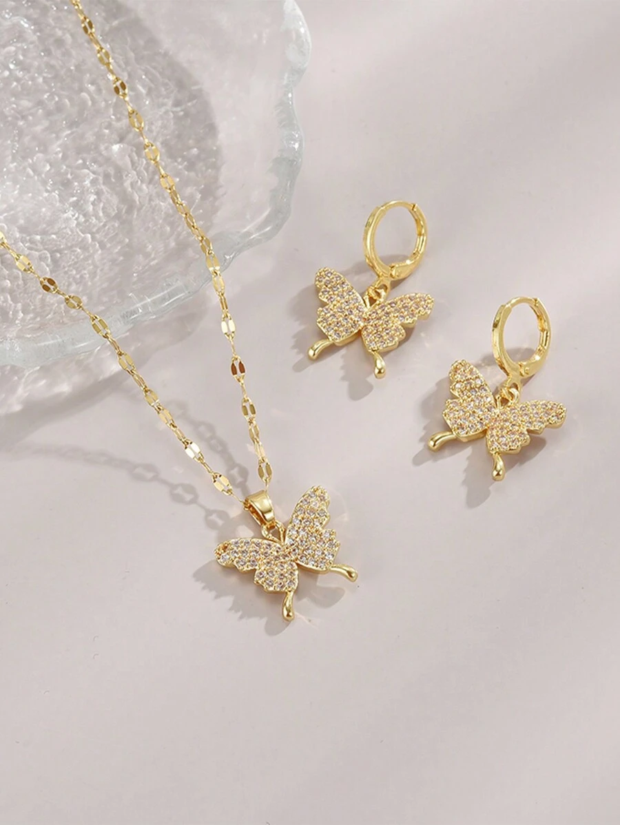 1pc Crystal Butterfly Stainless Steel Women Necklace & 1pair Crystal Butterfly Women Earrings