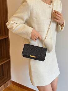 女士晚宴派對金屬手拿包，閃亮鏈條小方包 - 黑色 - 查看 9