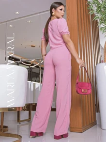 Conjunto Feminino Alfaiataria De Calça E Blusa Social Básica - Rosa Bebê - Visão 2
