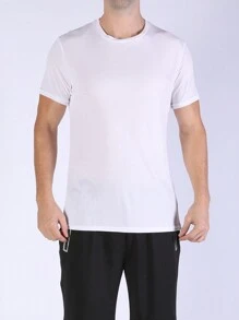 Men's Solid Color Round Neck Sports T-Shirt - White - View 3