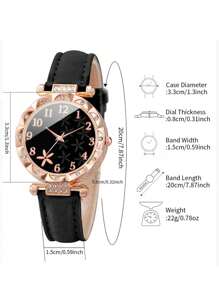2pcs/Set Women's Fashion Minimalist Rhinestone Studded Numeric Floral Dial Quartz Wrist Watch + Fully Rhinestone Heart Bracelet - Black - View 4
