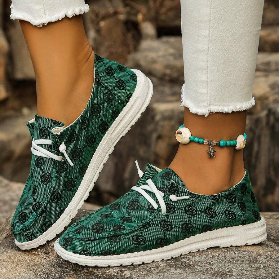 女士白色運動鞋，前綁冰鞋輕質船鞋休閒裝婦女運動鞋 - 軍綠色 - 查看 1