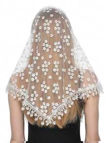 1pc Women Floral Lace Shawl With Hollow-Out Flower Pattern Decor, Breathable Fringed Triangle Scarf For Outdoor And Daily Use, Summer - Multicolor - View 2