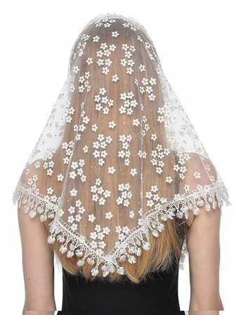 1pc Women Floral Lace Shawl With Hollow-Out Flower Pattern Decor, Breathable Fringed Triangle Scarf For Outdoor And Daily Use, Summer