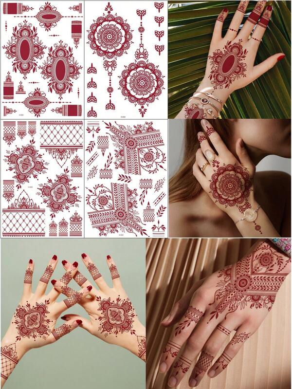 4PCS Brown Nail Art Tattoo Stickers, Waterproof Temporary Tattoo Stickers, Brown Henna Temporary Tattoos For Ladies, DIY Finger Nail Temporary Tattoos.
