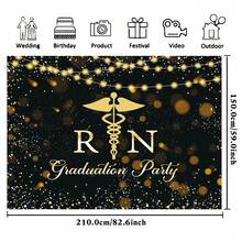 1 pieza Telón de fondo de fotografía de graduación de enfermería de felicitación, decoraciones de fiesta de graduación de enfermera 2024 con cuerda de luces de vinilo y patrón negro, accesorios para el Banner de mesa de fotos y pasteles - Multicolor - Ver 2
