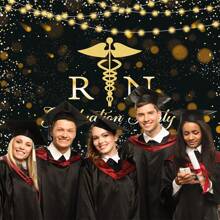 1 pieza Telón de fondo de fotografía de graduación de enfermería de felicitación, decoraciones de fiesta de graduación de enfermera 2024 con cuerda de luces de vinilo y patrón negro, accesorios para el Banner de mesa de fotos y pasteles - Multicolor - Ver 5