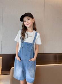 少女1件鬆身牛仔背帶短褲，夏季款 - 藍色 - 查看 2