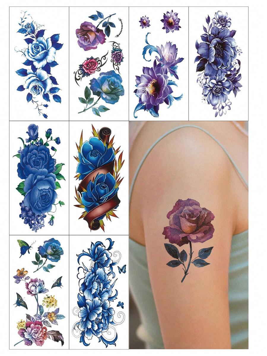 8pcs Colorful Vintage Butterfly & Blue Flower Pattern Temporary Tattoo Sticker Set For Arms, Back, Legs And Body, Waterproof - Multicolor - View 1